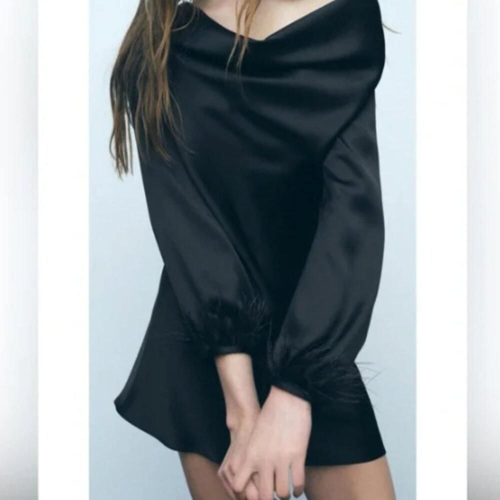 Zara Satin Effect Feather Detail Mini Dress, Size XL - NWT